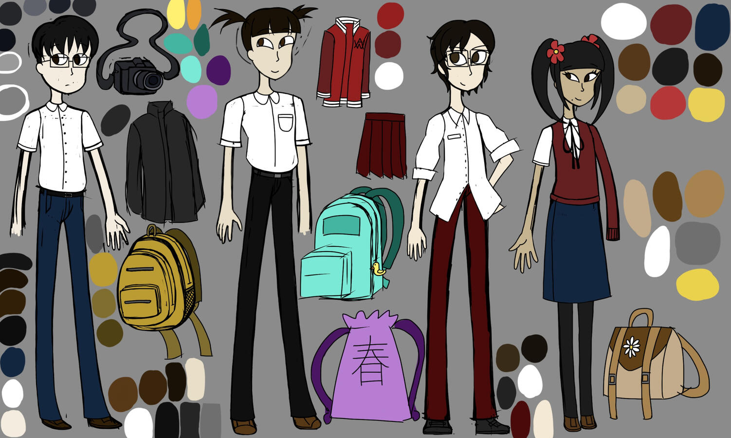 Jonah, Alex, Blythe, and Ginger Concept Sketches